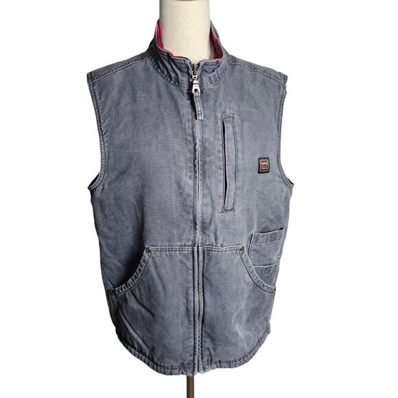 Mens Rugged Canvas Wahl's Navy Outdoor Work Vest with Soft Buffalo Check Lining - Picture 1 of 11